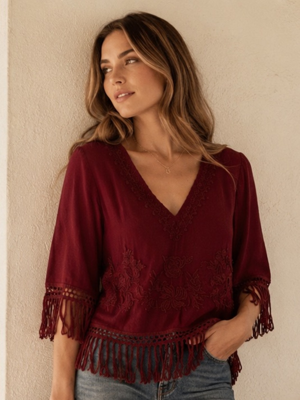 Melrose & Market Red Embroidered Tasseled Blouse M